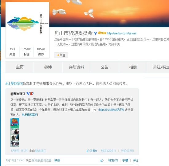 舟山市旅游委員會的微博轉(zhuǎn)發(fā)